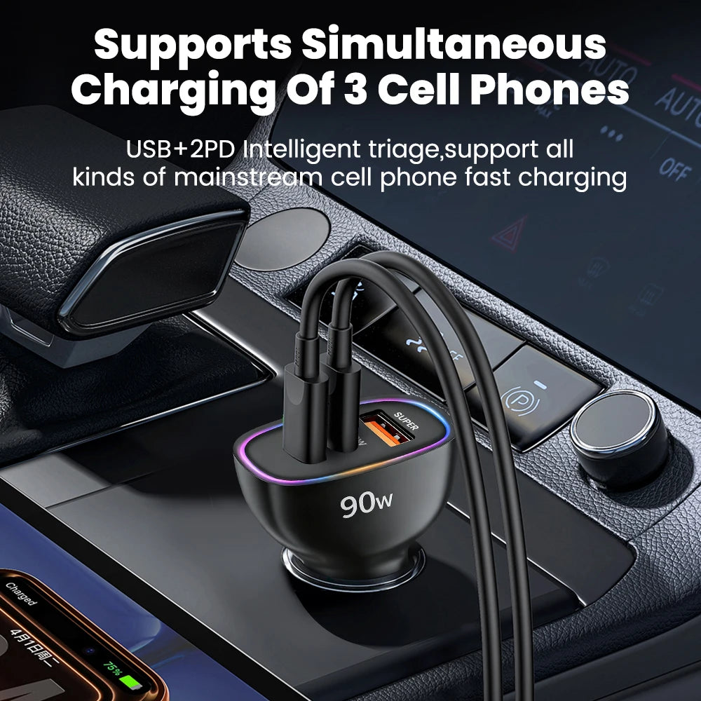 PD90W 3 Ports Car Phone Fast Charger Dual PD30W+QC30W Cigarette Lighter USB Car Charger Adapter For iPhone Huawei Xiaomi Samsung