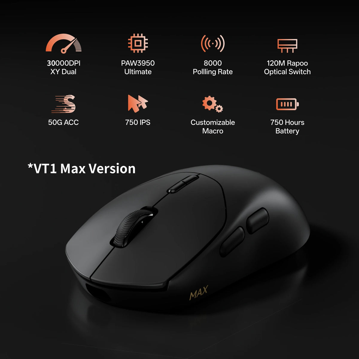 Rapoo VT1 MAX / VT1 Wireless Gaming Mouse 30K/26K DPI True 8K Wireless Polling Rate 49g Lightweight Up to 750 Hour Battery 10 Programmable Buttons On-Board Memory Esports Laptop Gaming Mice Compatible with Windows Mac