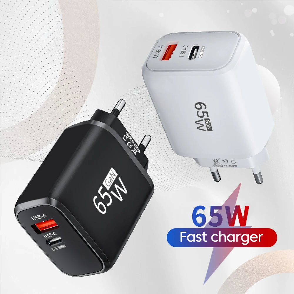 PD 65W GaN 2 In 1 Charger  for iPhone 18 17 XiaomiEU/US Plug USB Type C Fast Charging Wall Charger Portable Quick Charge Adapter