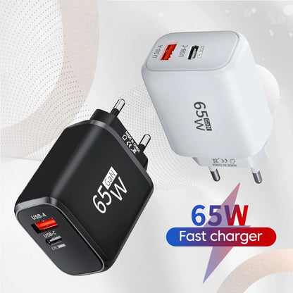 PD 65W GaN 2 In 1 Charger  for iPhone 18 17 XiaomiEU/US Plug USB Type C Fast Charging Wall Charger Portable Quick Charge Adapter