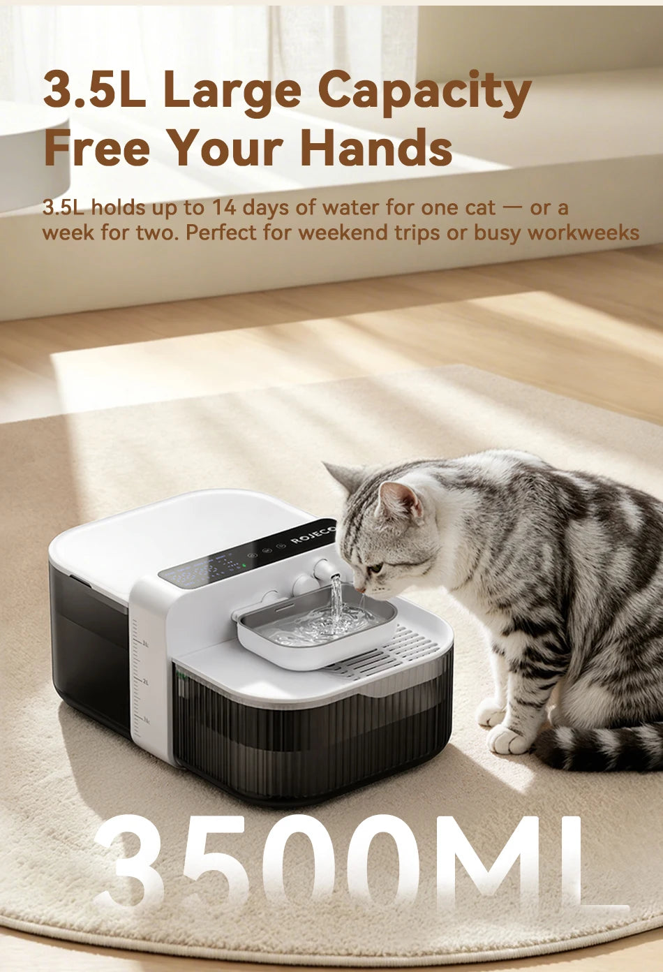 ROJECO Wireless Cat Water Fountain Smart Pet Water Dispenser for Cat 2000mAh Automatic Sewage Separation Cat Drinking Fountain