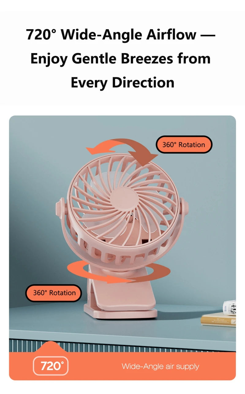 720°Rotatable Clip Fan Mini Cooler Fan Built In Night Lamp USB Rechargeable Personal Portable Fan For Outdoor Camping Ventilador
