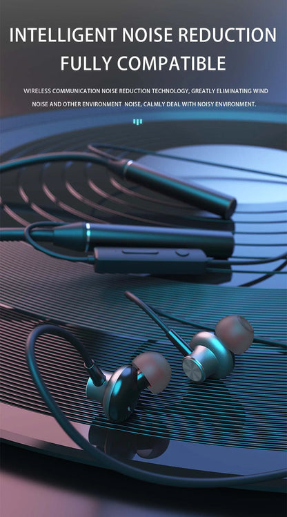Neck-mounted TWS sports Bluetooth earphones with a metal casing, memory neckband, bendable and portable. Supports TF card playback for music. Dual battery design for ultra-long battery life. Supports simultaneous connection t