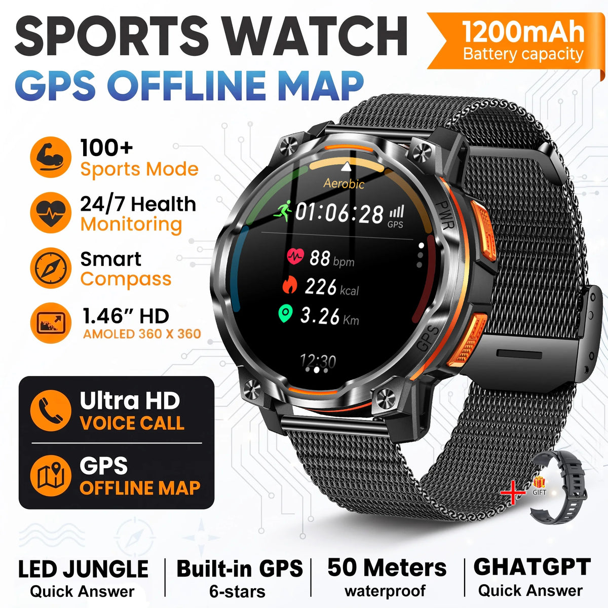 New Technology 2026 Offline Map GPS Smart Watch Men 1200mAh Battery Waterproof Compass Altimeter 100+Sports Military Smart Watch