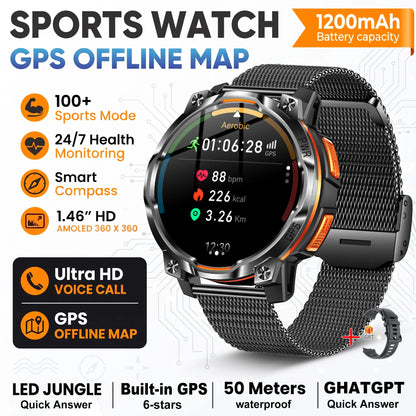 New Technology 2026 Offline Map GPS Smart Watch Men 1200mAh Battery Waterproof Compass Altimeter 100+Sports Military Smart Watch