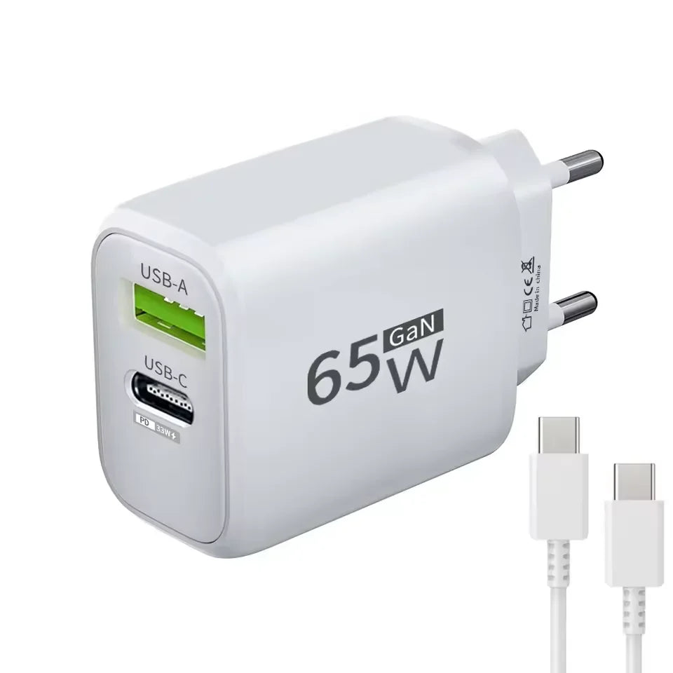 PD 65W GaN 2 In 1 Charger  for iPhone 18 17 XiaomiEU/US Plug USB Type C Fast Charging Wall Charger Portable Quick Charge Adapter