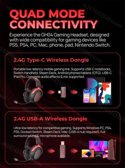 Monster GH04 Wireless Gaming Headphone 2.4G/Bluetooth 6.0 4-Mode 7.1 Surround Sound Esports Gaming Headset with Detachable Mic