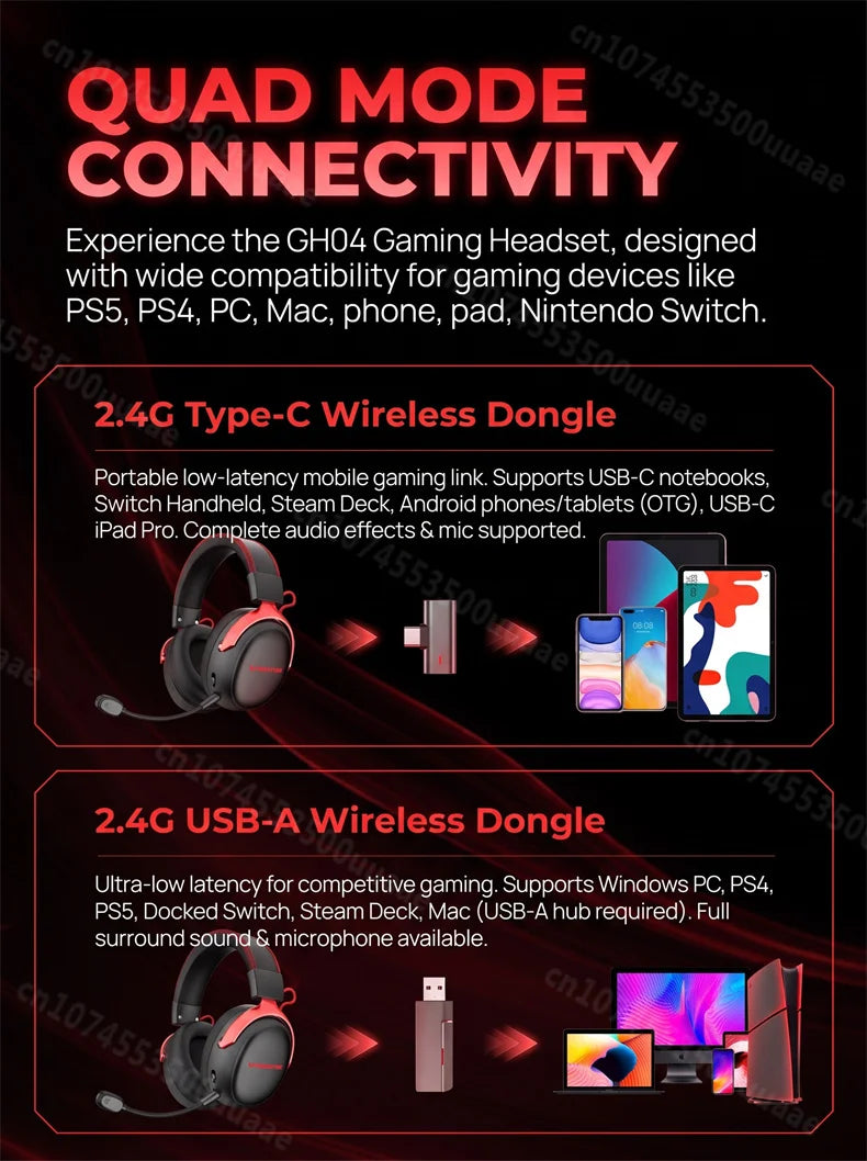 Monster GH04 Wireless Gaming Headphone 2.4G/Bluetooth 6.0 4-Mode 7.1 Surround Sound Esports Gaming Headset with Detachable Mic