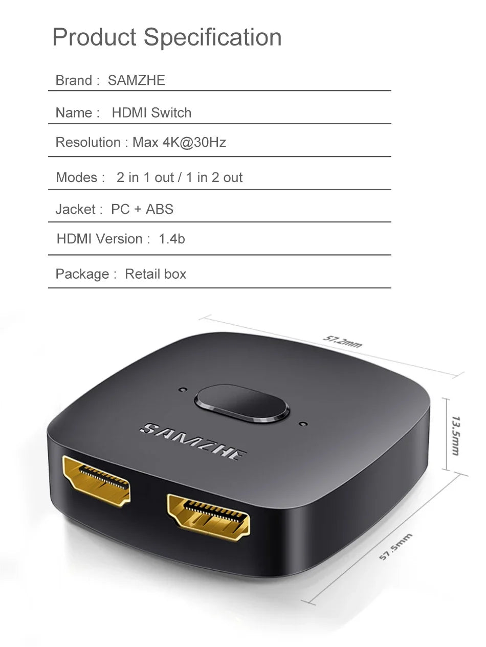 SAMZHE HDMI-compatible Splitter 4K HDMI-compatible Switch Bi-Direction Adapter HDMI Switcher 2 in 1 out for Laptop PC