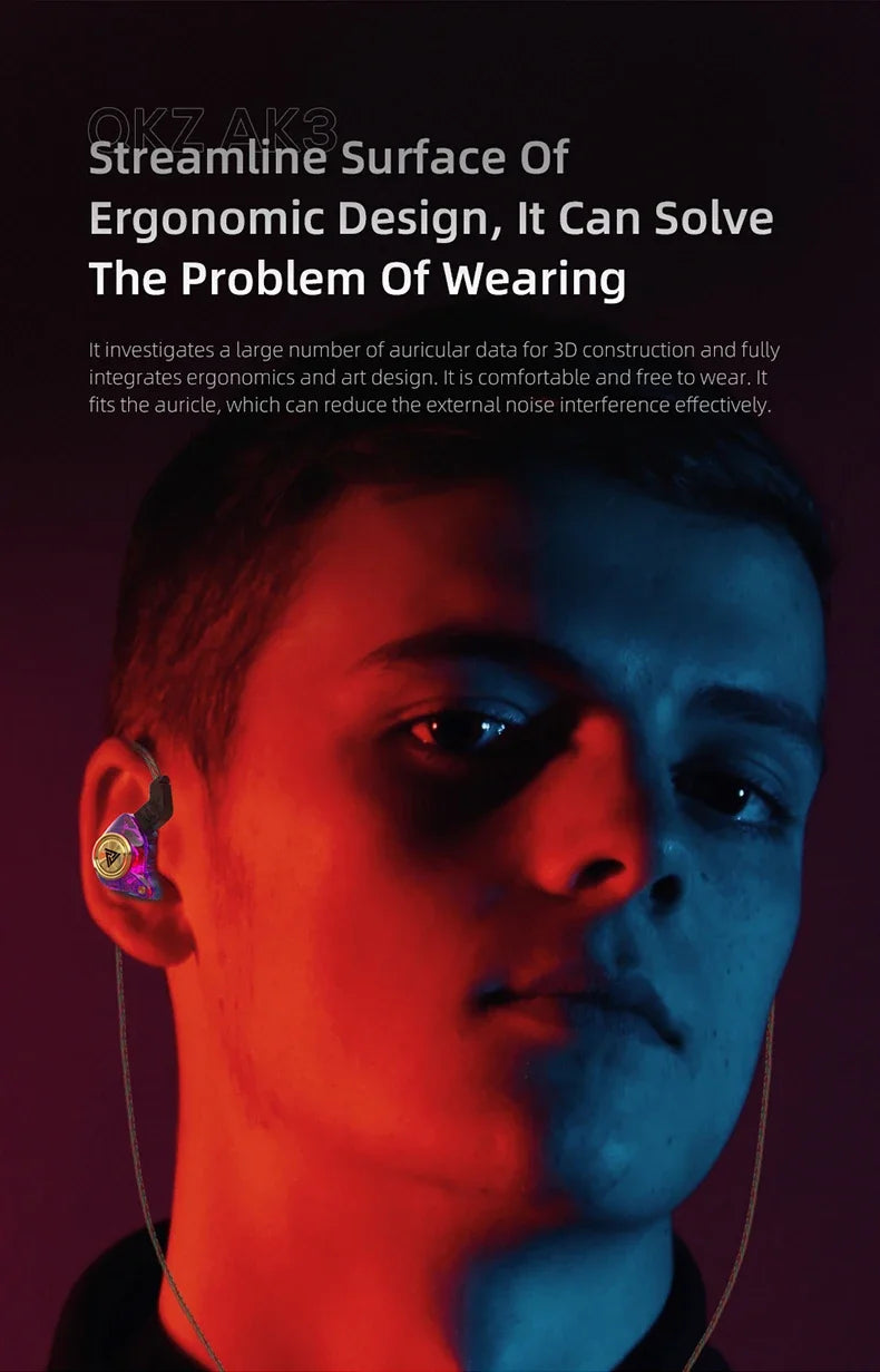 QKZ AK3 FiLe Wired Earphone with Microphone HiFi Music Monitor Bass Headphones Noise Cancelling Headset For Sport Gaming Earbuds