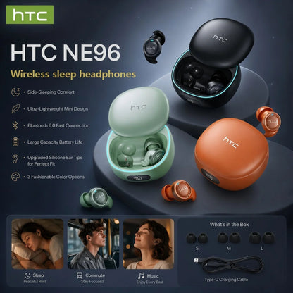 HTC NE96 Bluetooth 6.0 Wireless Earbuds Noise Cancelling Sleep Headphones 30H Battery Life Premium Acoustic Tuning Ultra-light