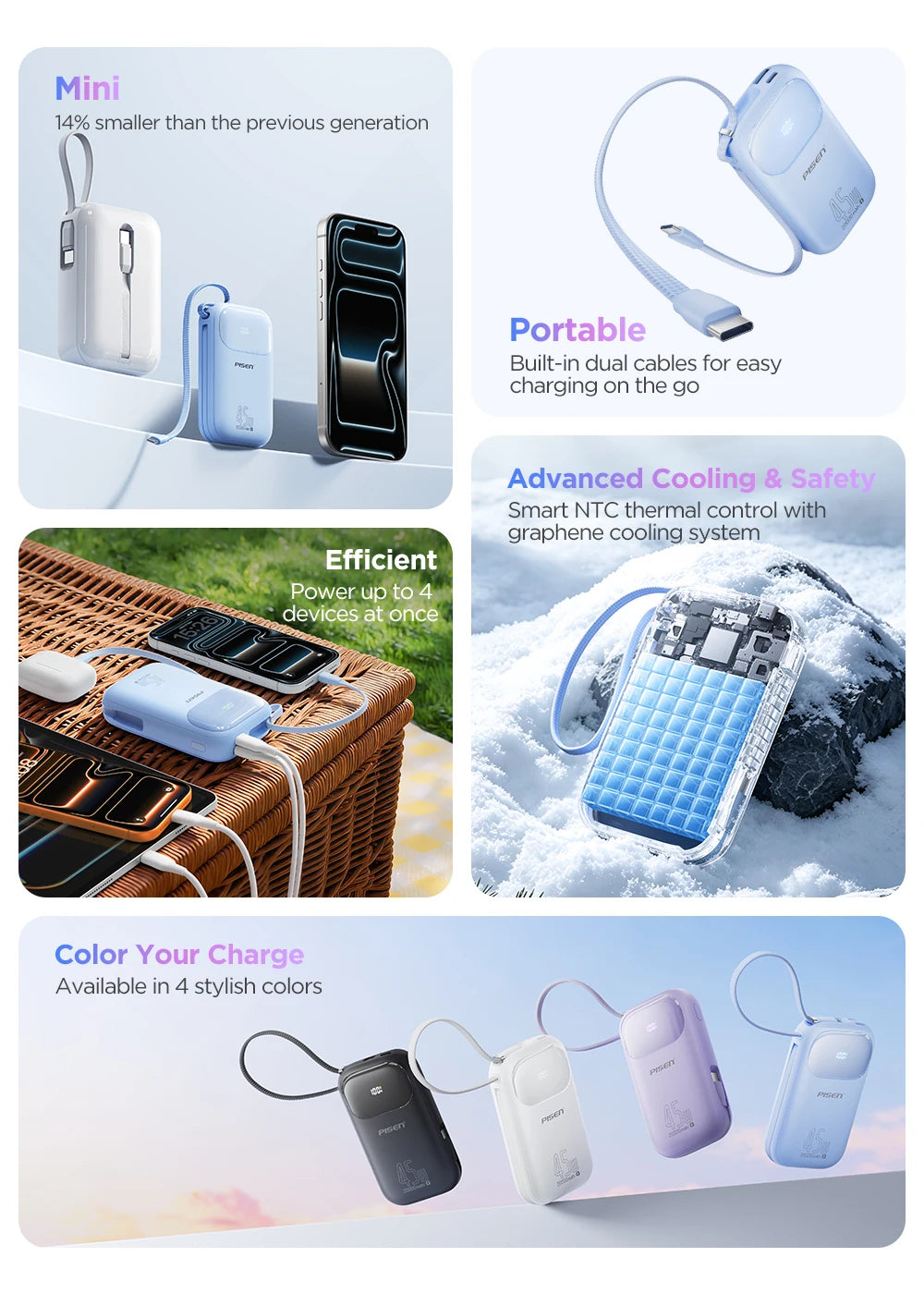 PISEN 45W Fast Charging Power Bank Built-in Dual USB-C Cable 10000mAh/ 20000mAh Mini Portable Powerbank For iPhone 17 Xiaomi