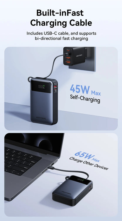 Vention 65W Power Bank 20000mAh Built-in USB-C Cable Portable Powerbank for Laptop PD Fast Charger for iPhone 18 Samsung S26 S25