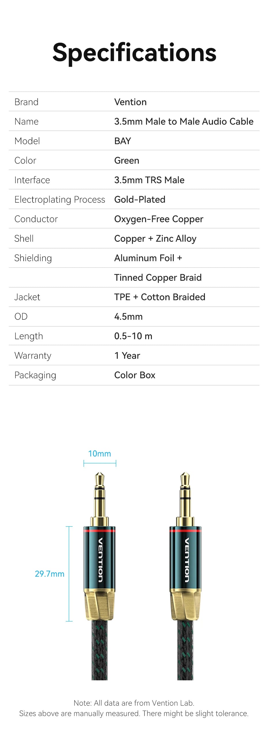 Vention 3.5mm Jack Audio Cable for Headphone Xiaomi Laptop Jack 3.5 Male to Male Car Aux Cable Jack 3.5 Speaker Cable Audio Cord
