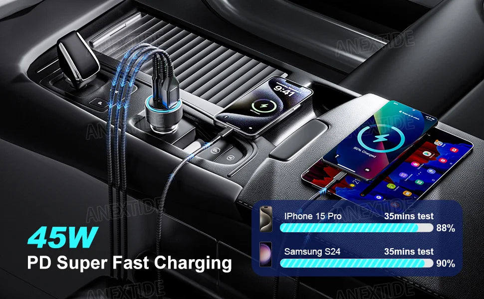 USB C Car Charger, 3-Port 67W Dual USB-C & USB-A Car Power Adapter PD/QC Fast Charging Cigarette Lighter for iPhone 16/15/14/13