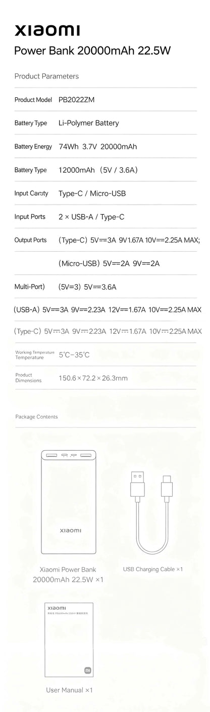 Xiaomi 20000mAh Large Capacity Fast Charging Power Bank Portable External Battery with CCC Certification for iPhone Samsung