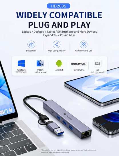 TECHCLAW USB3.2 Hub USB-A+Type-C Dual Input Docking Station 3 USB Ports + RJ45 Gigabit Ethernet LAN Port Type-C Power Supply Lap