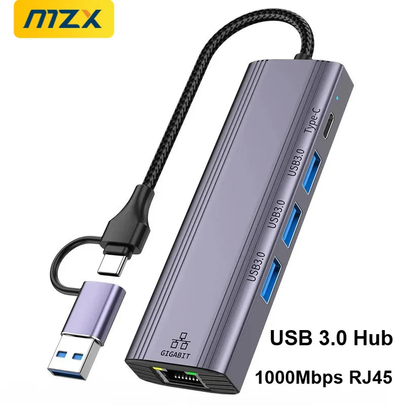 MZX USB A Type C 3.0 Hub to RJ45 Network Card Converter 1000Mbps Ethernet Concentrator Adapter Docking Stattion Splitter Dock