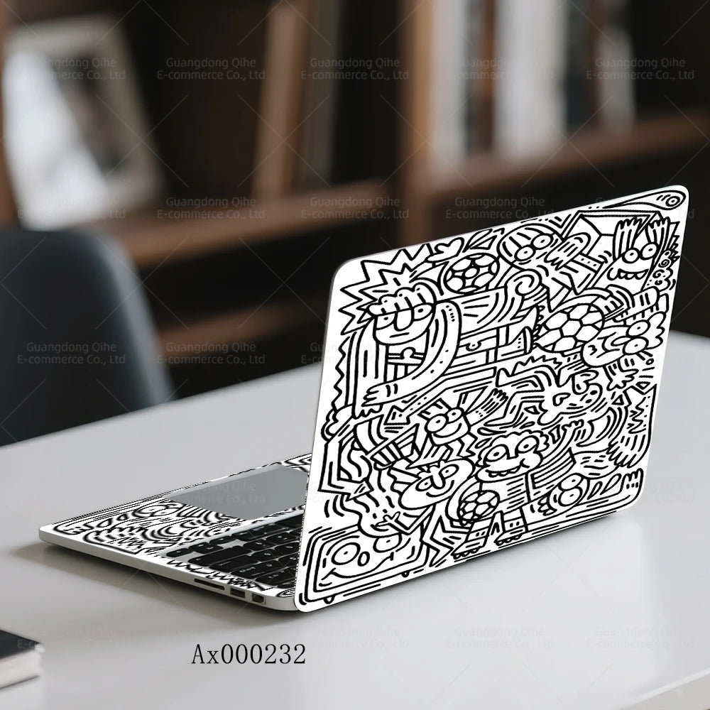 2Pcs Black White Doodle Laptop Skin, Waterproof Vinyl Graffiti Laptop Decal Art Stickers for MacBook HP Dell Universal Laptop