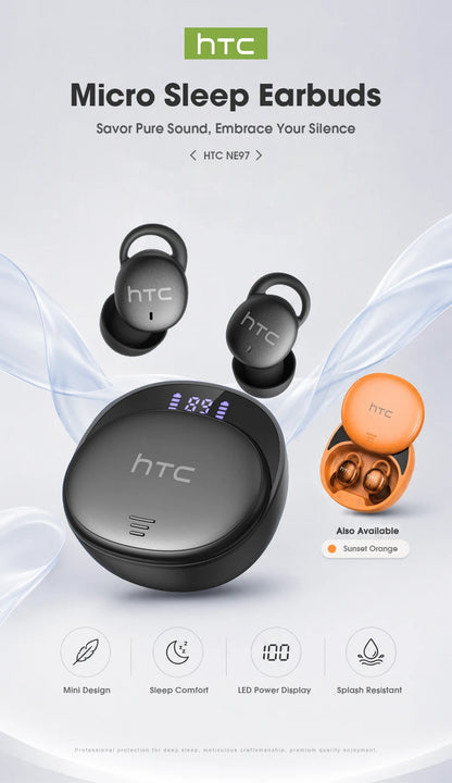 Micro Sleep Wireless Earbuds HTC NE97 Bluetooth 5.3 Pain-Free Fit 18H Playtime Friendly Earphones Soft Sound Side-Sleep