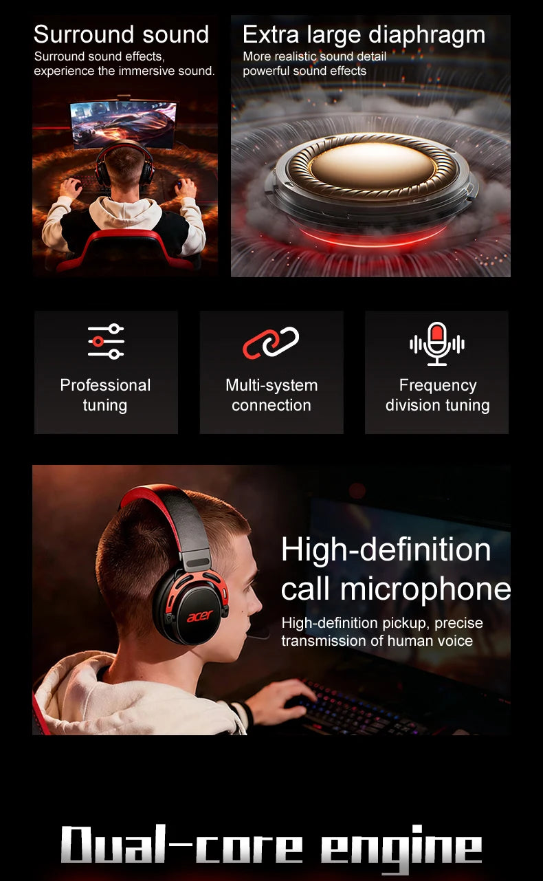 Acer Ohw346 Wired Gaming Headset with Ultra-High-Definition Large Diaphragm Spatial Surround Audio, Soft and Skin-Friendly Materials, Fully Encloses the Ear for Comfortable Wearing Without Applying Pressure on the Head