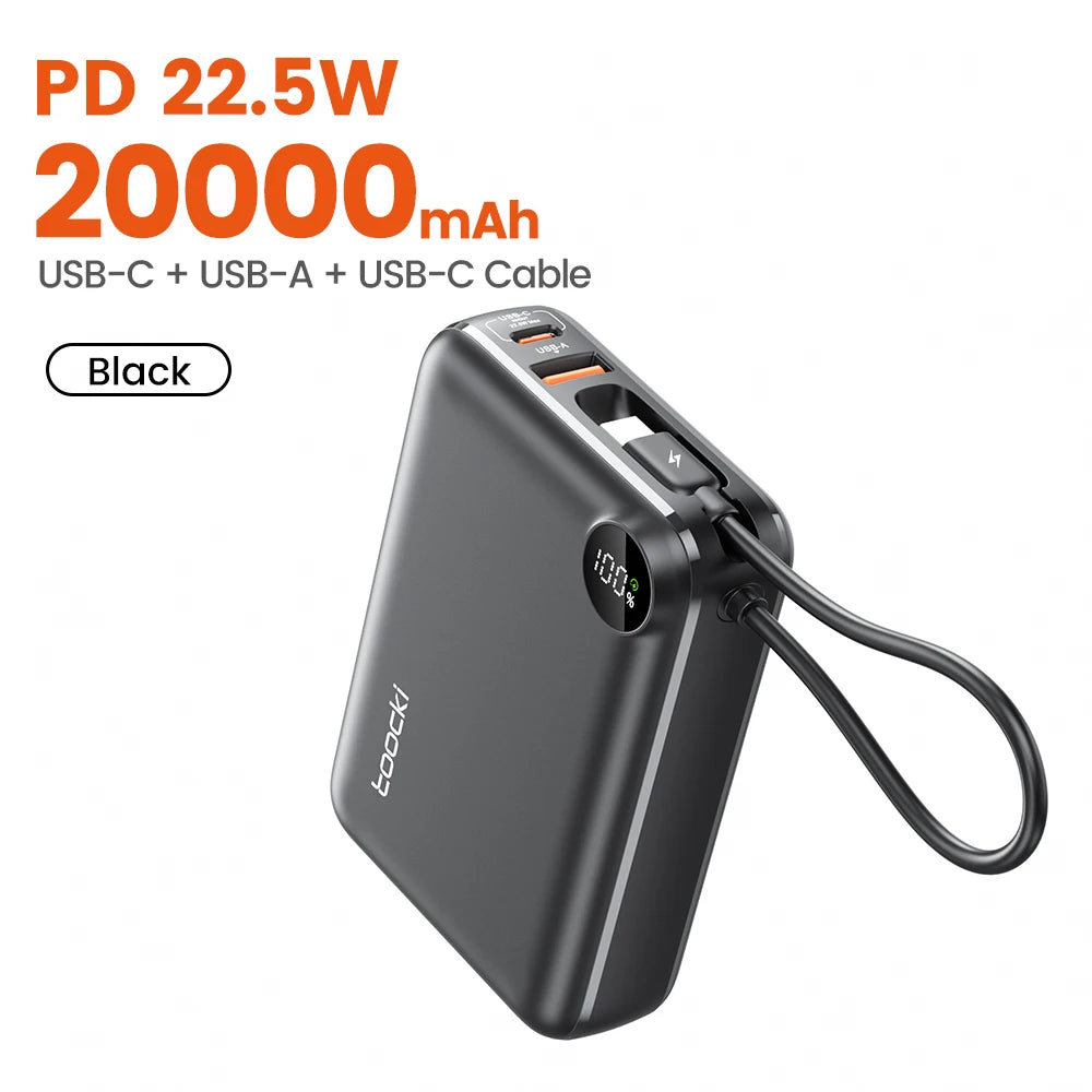 Toocki Portable PowerBank Built-in USB C Cable 10000/20000mAh PD 22.5W Fast Charging Power Bank for iPhone 16 15 14 13 Samsung