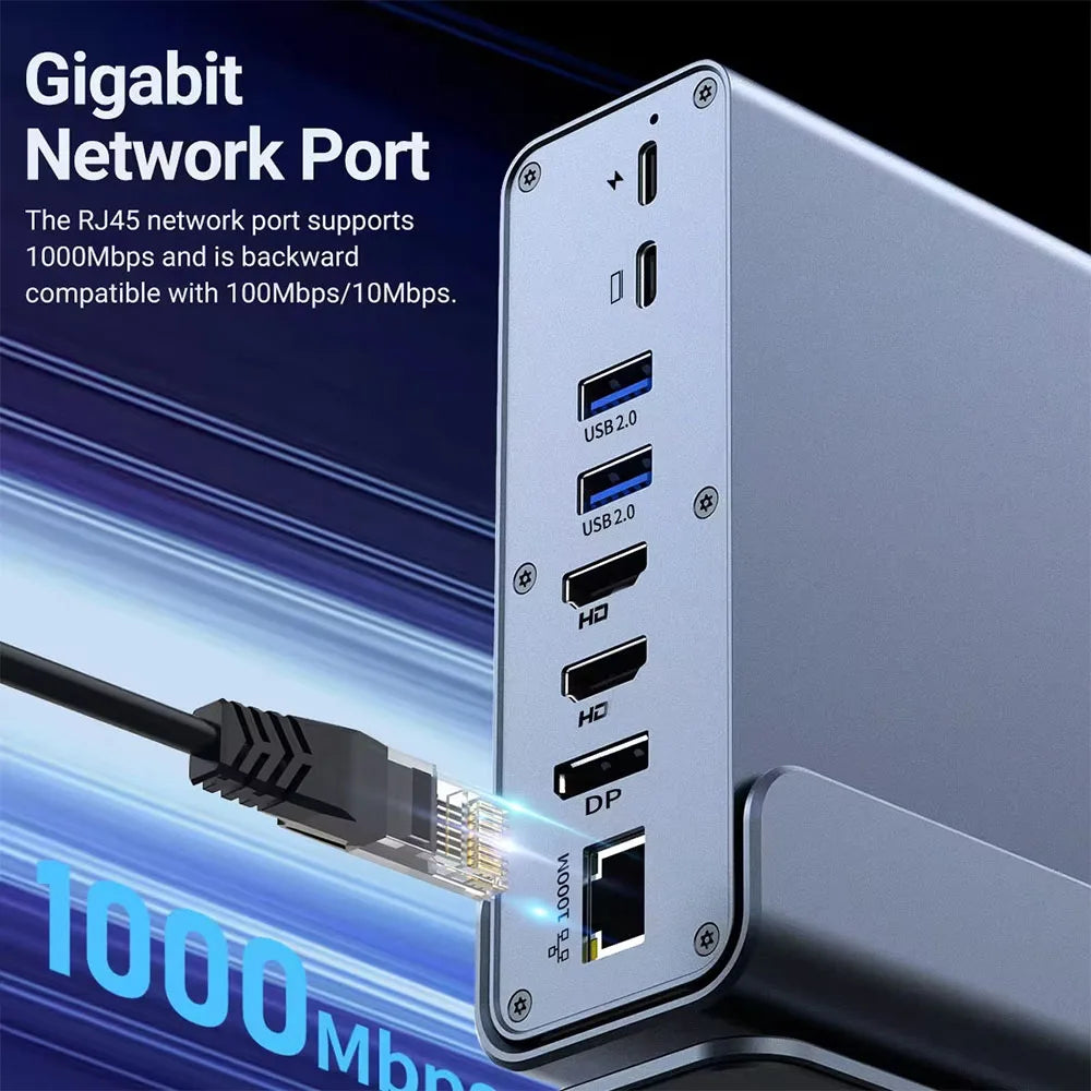 15-in-1 USB C Hub Triple Monitor 4K@60Hz DP Hub with 10Gbps USB3.2 RJ45 Gigabit PD 100W SD/TF & 3.5mm Audio for Laptops