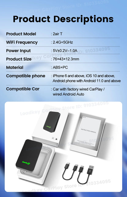 Carlinkit 5.0 2air Wireless CarPlay Android Auto Wireless Adapter 2in1 Plug and Play Auto Connection 5.8Ghz WiFi Bluetooth GPS
