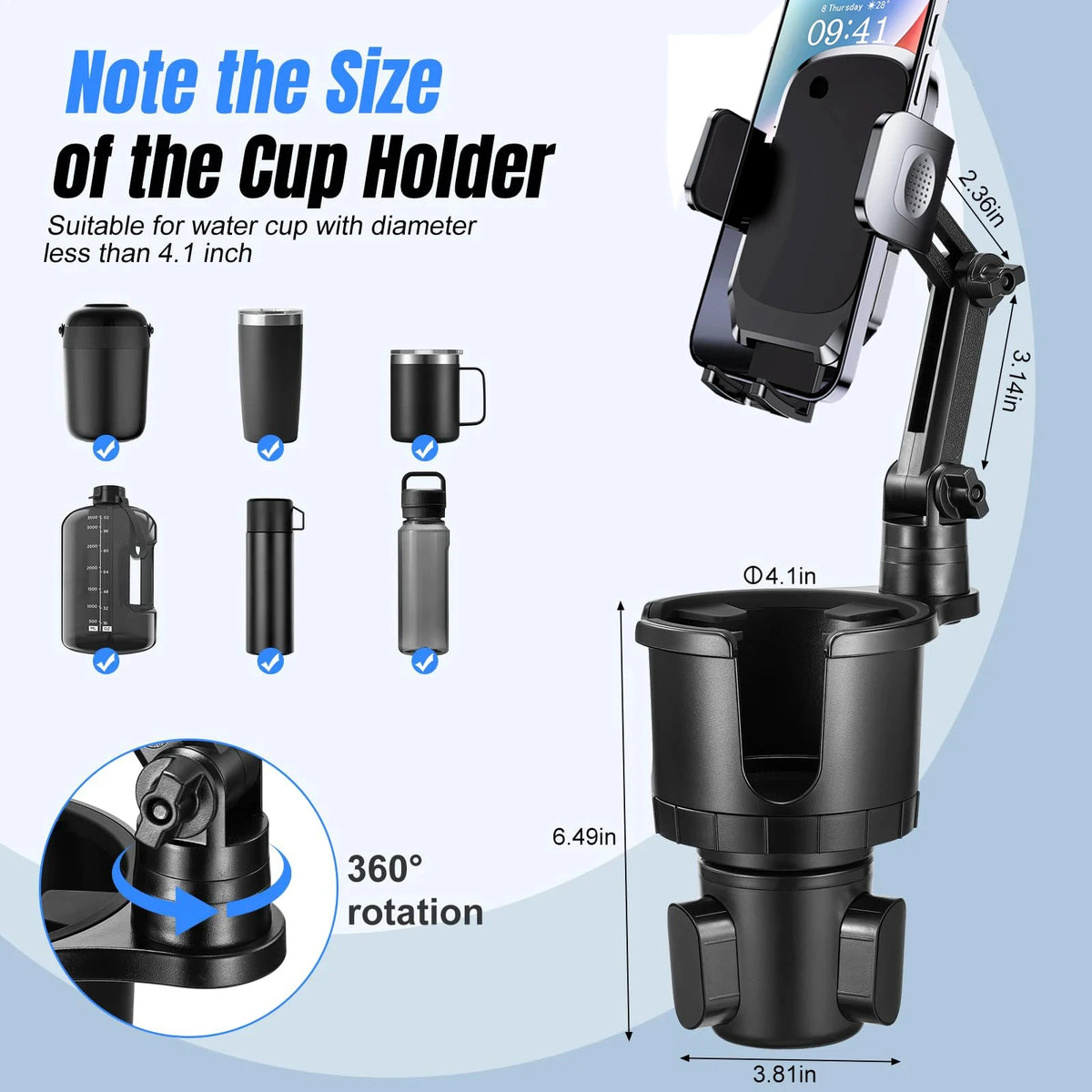 Car Phone Holder, Cup Holder Phone Mount With Memory Function 360°Rotation iPhone Car Phone Mount With Adjustable Long Neck