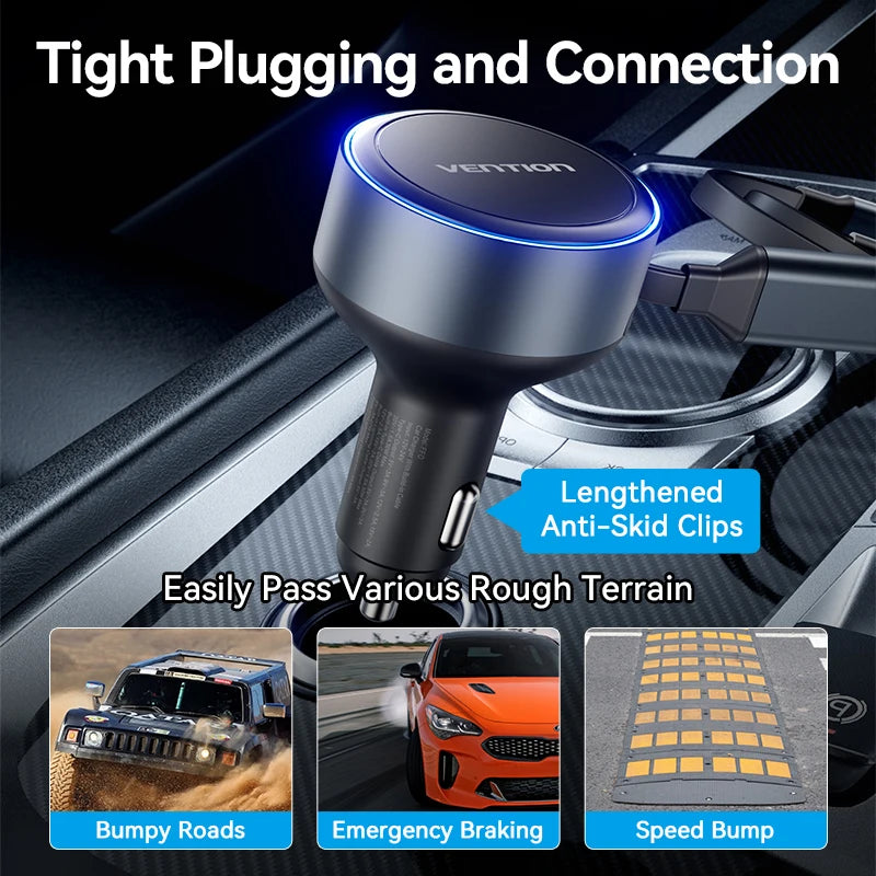 Vention 60W Retractable Car Charger 3 in 1 PD 30W QC 3.0 Fast Charging for iPhone 17 16 Samsung Tablet Cord Cigarette Adapter