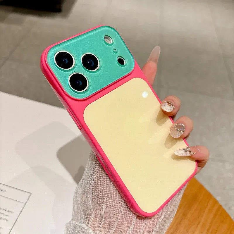 Fashion Dopamine Color-Block Phone Case for IPhone 18 Pro Max 17 16 15 14 Pro Max Candy-Color Glass Back Shockproof Phone Case