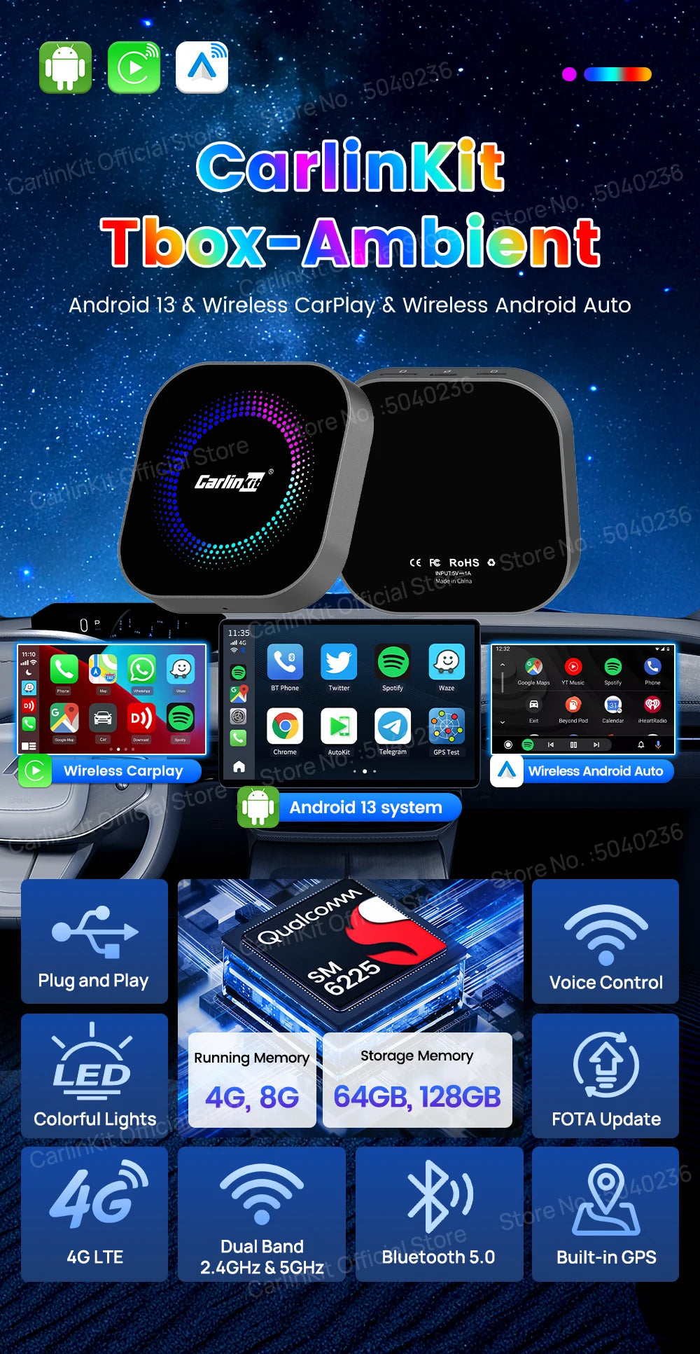 CarlinKit TV Box S2F Android 13 CarPlay Ai Box SM6225 8 Cores Wireless CarPlay Android Auto Video Streaming Box 4G LTE &WiFi GPS