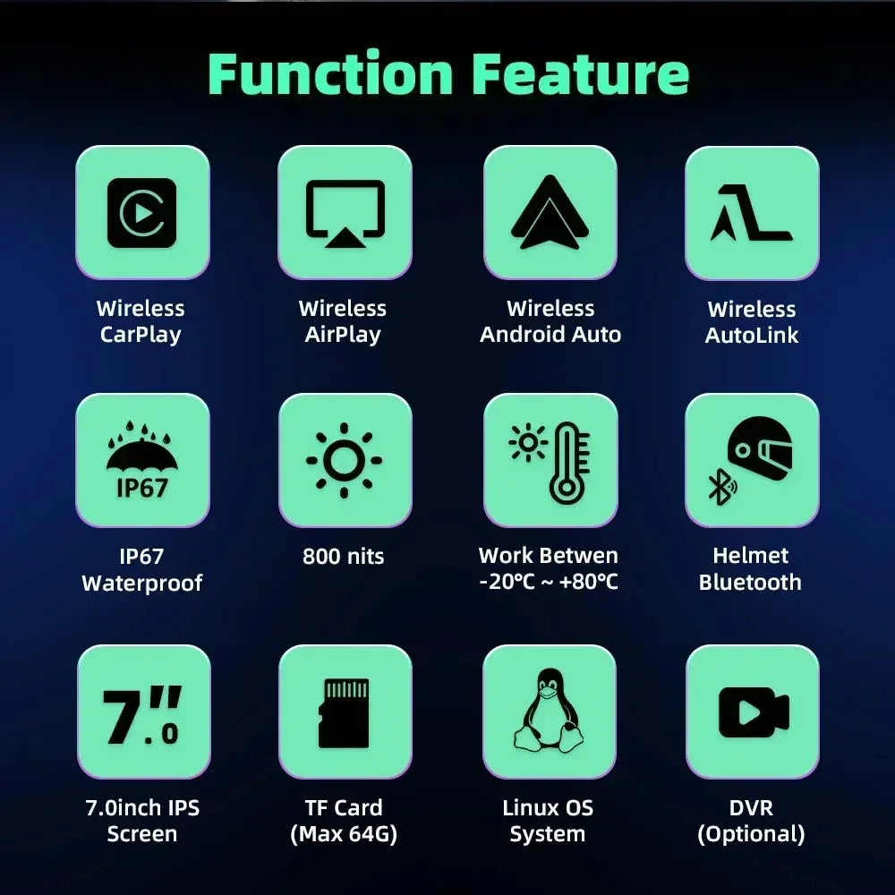 Jansite 5/7 inch Carplay Motorcycle DVR Navigation GPS Wireless CarPlay Android Auto IPX7 Display Screen Portable Moto Monitor
