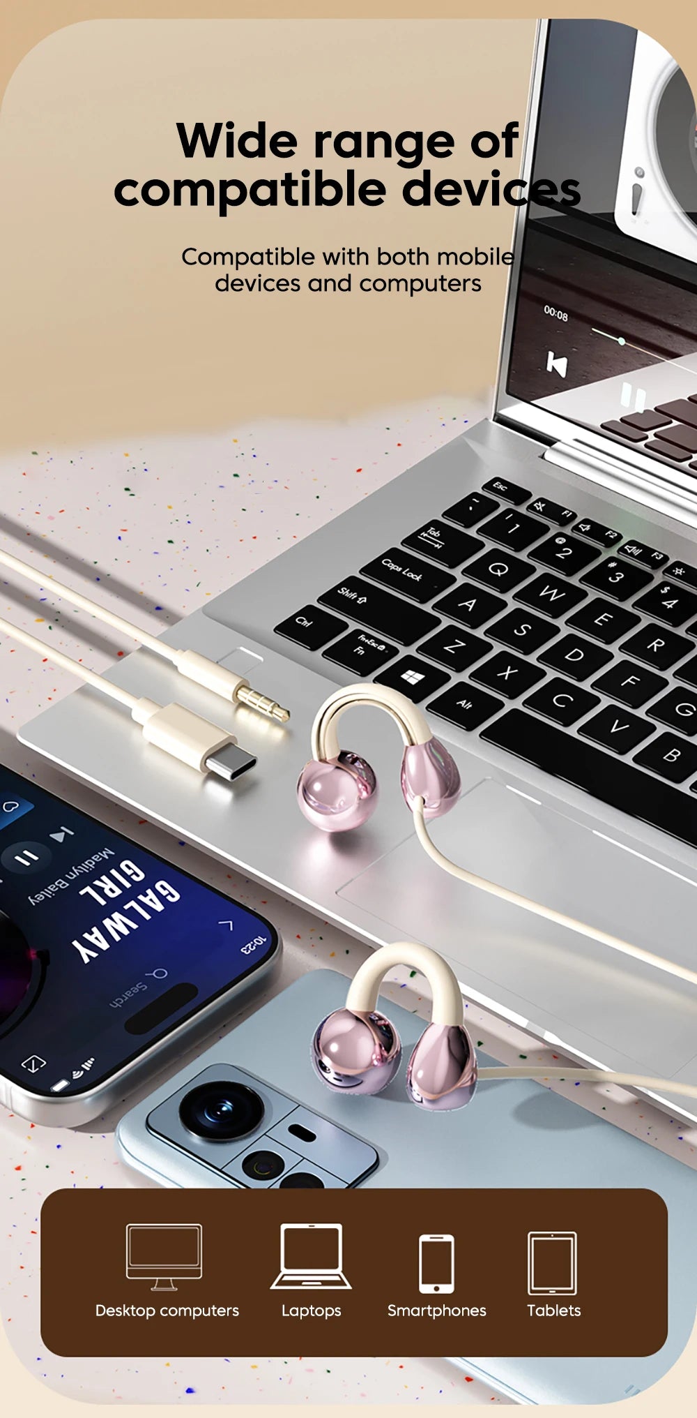 3.5MM/Type C Wired Headphones With Microphone HiFi Sound Ear Clip Non-in-ear Wired Earphones for iphone 15 16 17 Samsung