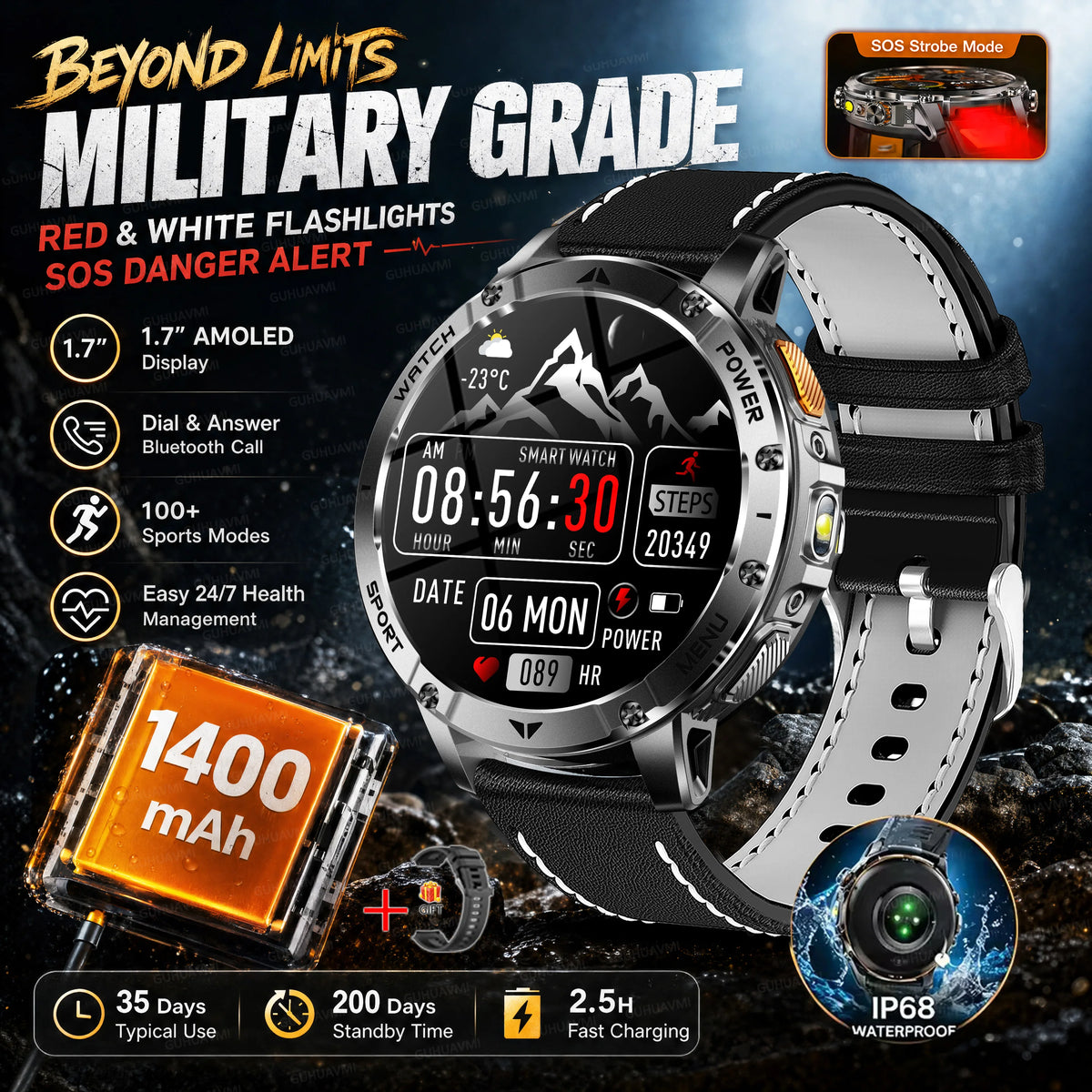 Ultra Large 1400mAh Battery Sport Smartwatch 1.7” Heart Rate Tactical Strong Flashlight 5ATM Waterproof Call Smart Watch For Men