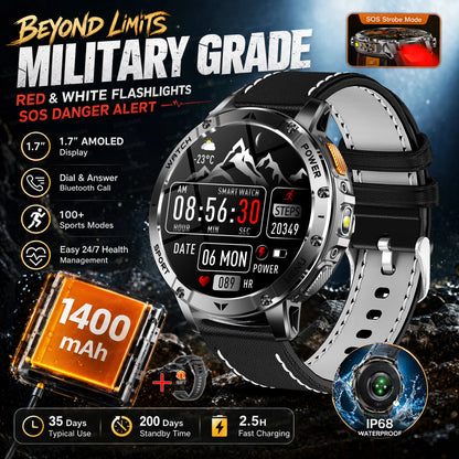 Ultra Large 1400mAh Battery Sport Smartwatch 1.7” Heart Rate Tactical Strong Flashlight 5ATM Waterproof Call Smart Watch For Men