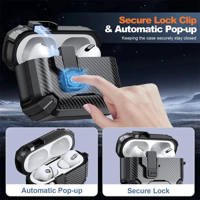 Safety Lock Carbon Fiber Phone Holder Bluetooth Headset Cover For AirPods 4 Pro 3 2 Anti Fall Protective Earphone Case With Hook