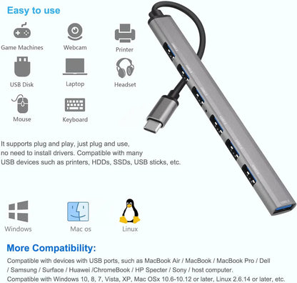 USB HUB Dock 3.0 7 Port USB 2.0 3.0 Hub Multi Splitter Adapter OTG Type C HUB For Lenovo HUAWEI Xiaomi Macbook Aluminum Alloy