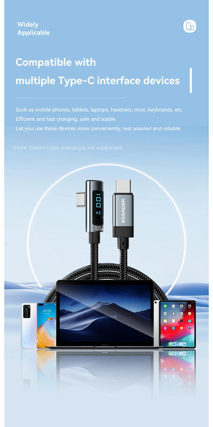 Essager PD100W USB Type C Cable 90 Degree 5A Fasting Charing For iPhone Xiaomi Samsung Huawei Laptops LED Digital Display Cable