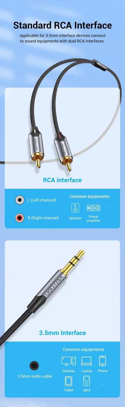 Vention RCA Cable 3.5mm to 2RCA Splitter Jack Audio Cable for Smartphone Amplifier Home Theater 3.5 AUX RCA TV Box Adaptador