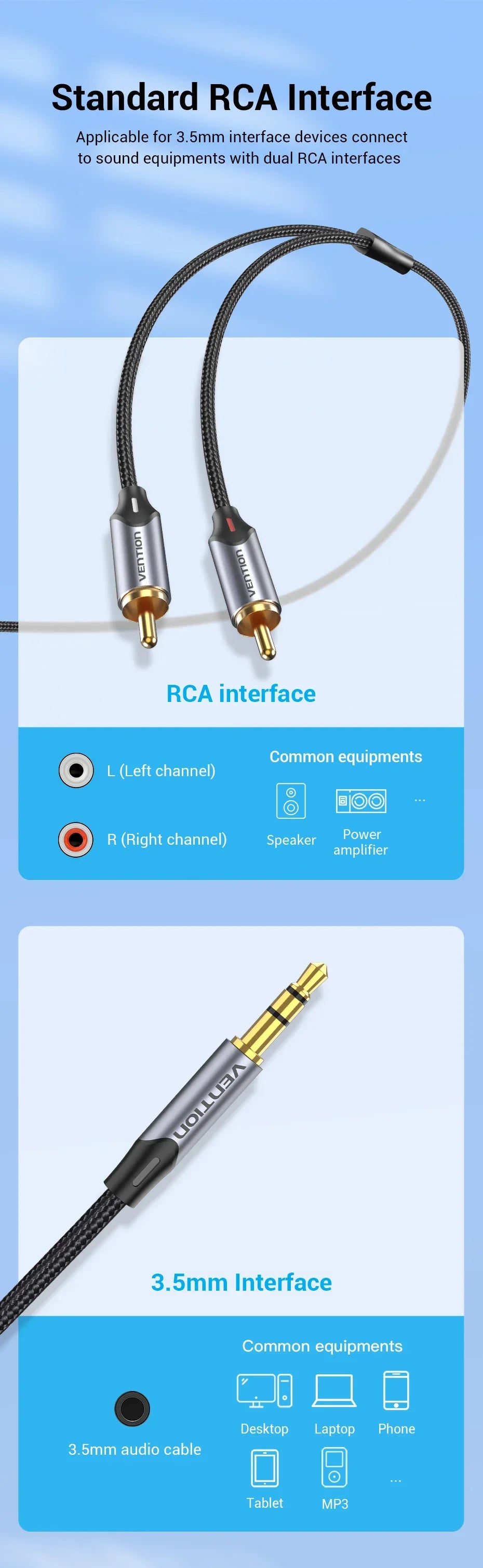 Vention RCA Cable 3.5mm to 2RCA Splitter Jack Audio Cable for Smartphone Amplifier Home Theater 3.5 AUX RCA TV Box Adaptador