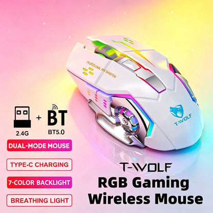 RGB Wireless Gaming Mouse - T-WOLF Rechargeable BT5.0 + 2.4G Dual-Mode Mouse, Silent Full-Size Ergonomic Design For Extended Work, Productivity & Gaming, Tech Desk Setup Accessories, Back To School Gift