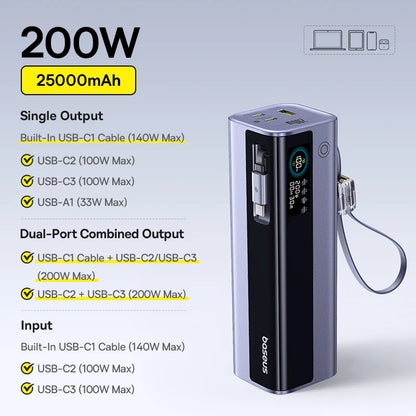 Baseus 200W 25000mAh Power Bank Dual Retractable USB-C Cables 4-Device Fast Charge Portable External Battery Charger For Laptop