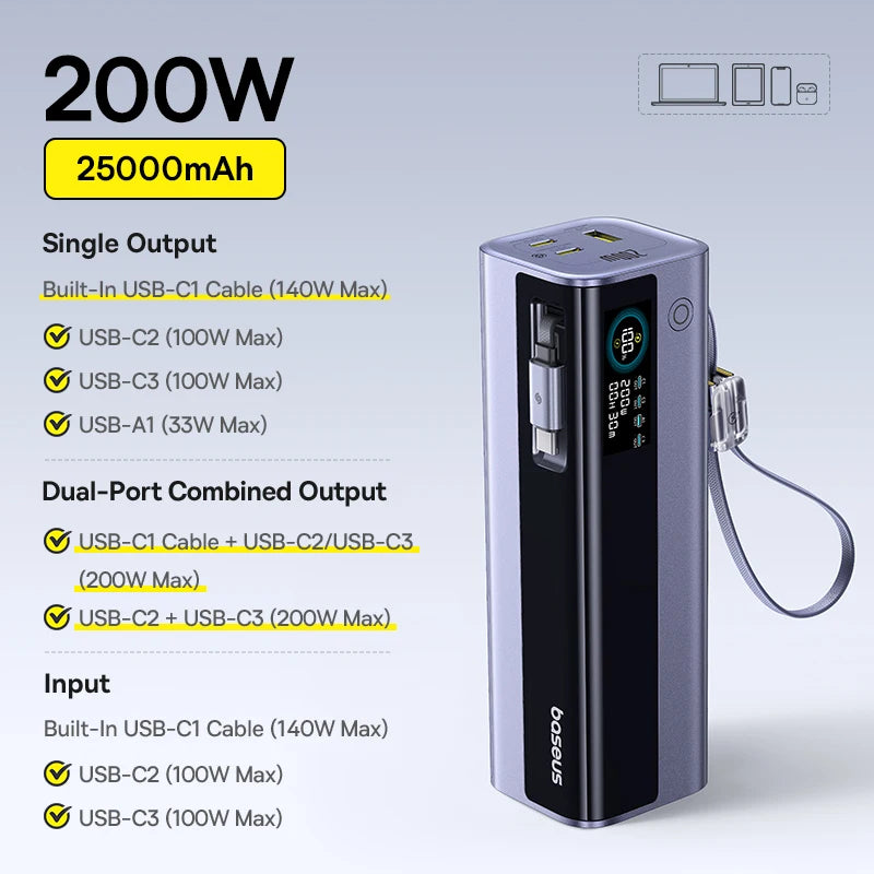 Baseus 200W 25000mAh Power Bank Dual Retractable USB-C Cables 4-Device Fast Charge Portable External Battery Charger For Laptop