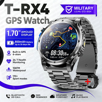 T-RX4 Ultra GPS Outdoors Military Smart Watch Men 1.7" AMOLED Compass 10ATM Waterproof 850mAh Battery Bluetooth Call Smartwatch