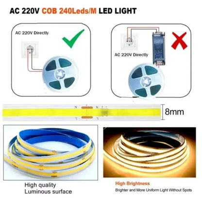 AC220V COB LED Strip Light Flexible Tape Lights Smart IC No Need Driver High Bright 240 LEDs Linear Lighting RA95 Warm White 5m