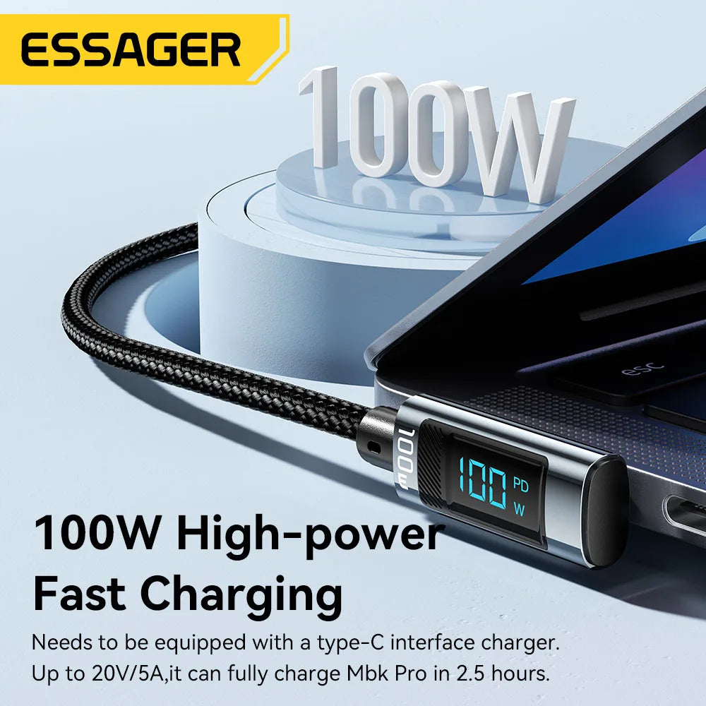 Essager PD100W USB Type C Cable 90 Degree 5A Fasting Charing For iPhone Xiaomi Samsung Huawei Laptops LED Digital Display Cable