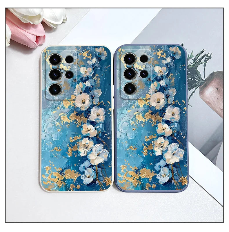 Gold Leaf Flower Phone Case For Samsung Galaxy S25 FE S24 S23 S22 S21 S20 S10 S10E Ultra Plus FE Note 20 Ultra Plus Cover