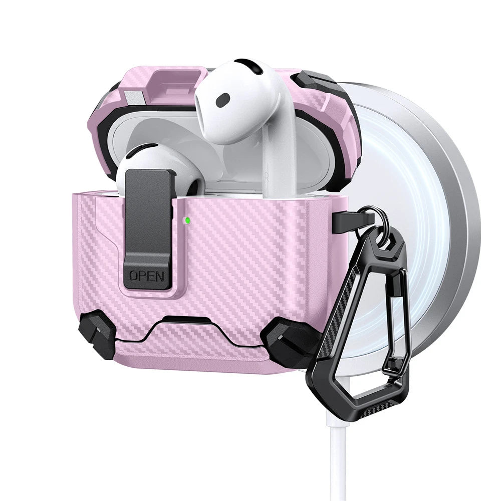 Safety Lock Carbon Fiber Phone Holder Bluetooth Headset Cover For AirPods 4 Pro 3 2 Anti Fall Protective Earphone Case With Hook