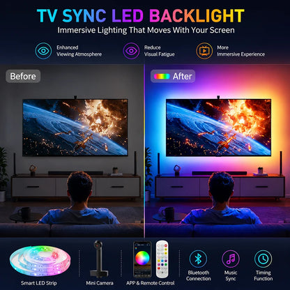 TV Sync LED Backlight with Mnini Camera, RGBIC Strip Light, Bluetooth APP & Remote Control, Music Sync, 3.8M/5M USB Lamp Tape